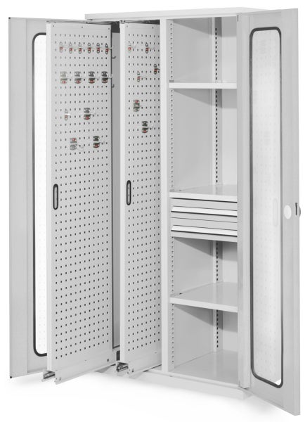 Werkzeugschrank aus Metall mit Glastüren, ausziehbaren Lochwänden, Regalböden und Schubladen.