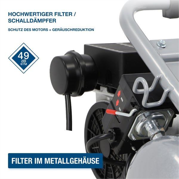 Hochwertiger Filter und Schalldämpfer für Kompressoren im Metallgehäuse mit 49 Dezibel bei 7 Metern Abstand.