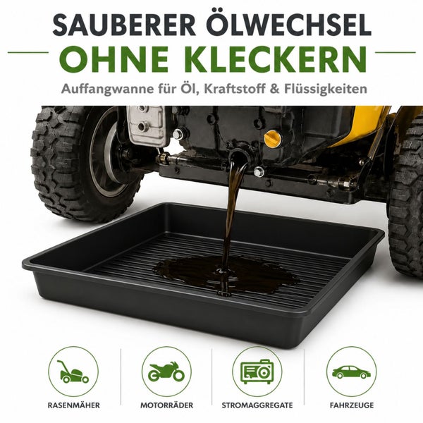 Schwarze Ölauffangwanne aus Kunststoff unter einem Fahrzeug beim Ölwechsel, geeignet für Rasenmäher, Motorräder, Stromaggregate und Fahrzeuge.