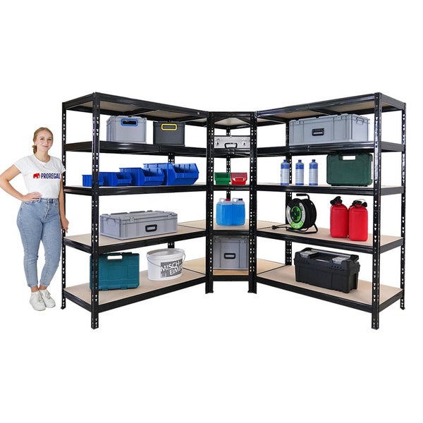 PROREGAL Mega Deal Tiger Black 1x Eckregal + 2X Schwerlastregal 180x120x60cm Schwarz mit Fachlasten 175 + 265 kg Eckregal