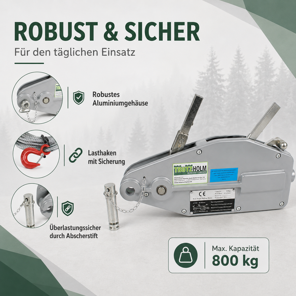 Trutzholm Seilzug mit 800 Kilogramm Tragkraft, robustem Aluminiumgehäuse, Lasthaken mit Sicherung und Abscherstift gegen Überlastung.