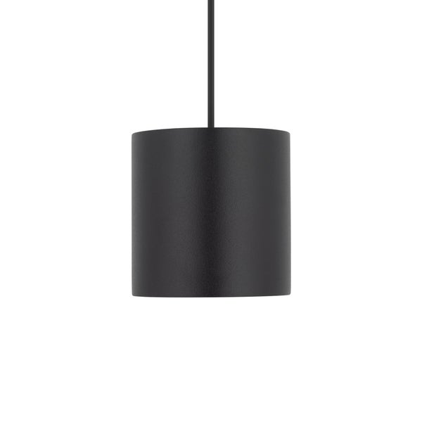 Zylindrische Pendelleuchte in Schwarz mit matter Oberfläche und Kabelaufhängung.