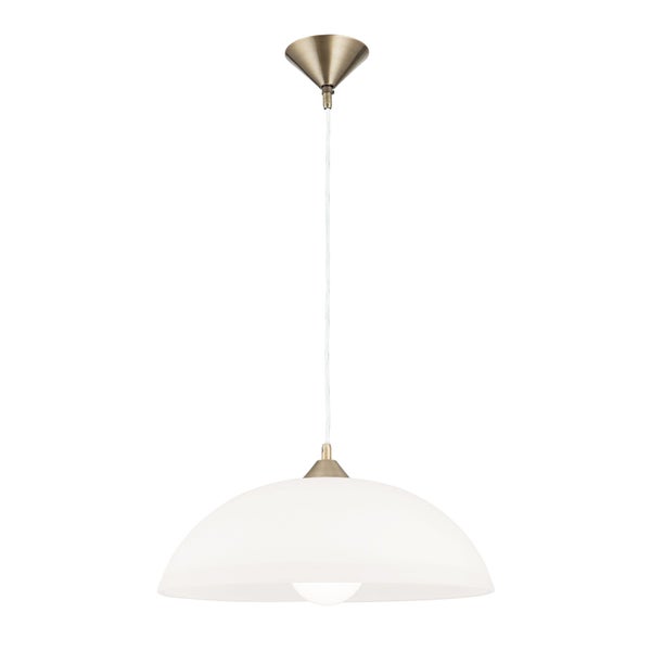 Moderne Pendelleuchte mit halbkugelförmigem Glasschirm und Metallaufhängung.
