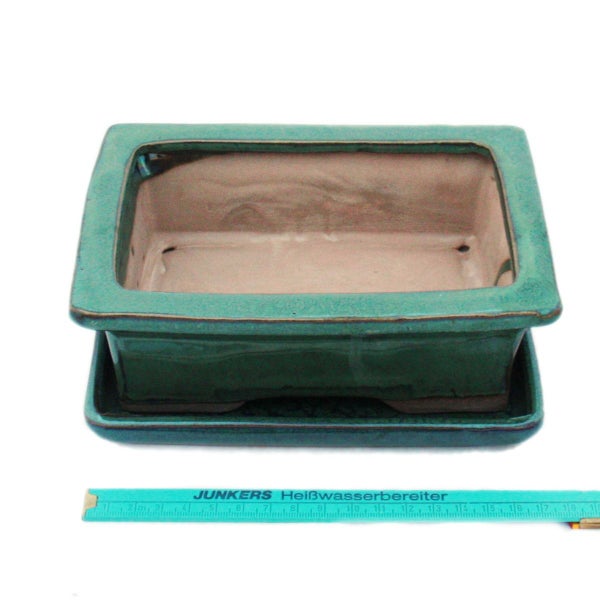 Rechteckige grüne Bonsaischale aus glasierter Keramik inklusive passendem Untersetzer.