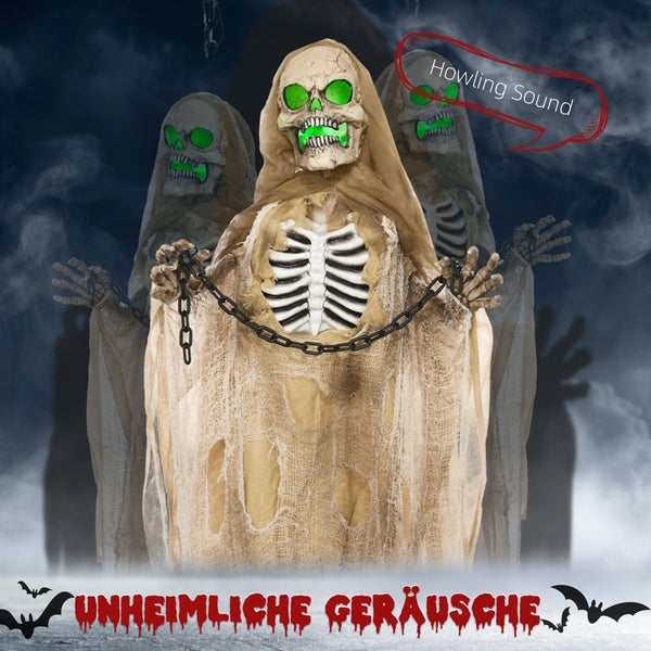 HOMCOM 183cm Halloween Dekoration Hängendes Skelett mit LED-Lichter, Soundfunktion, Haustür Deko mit verstellbare Arme, Garten Dekofigur in Lebensgröße für Party