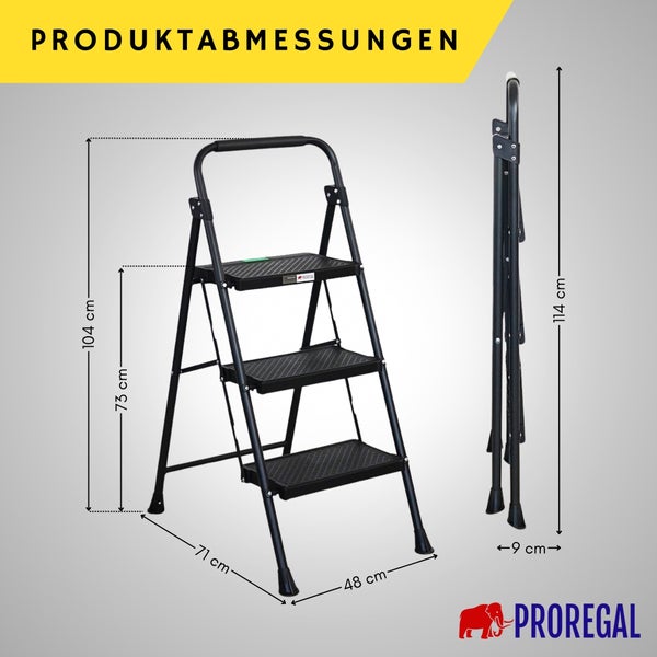 Dreistufige Klappleiter, Maße: aufgestellt 104 Zentimeter hoch, 48 breit, 71 tief; zusammengeklappt 114 hoch, 9 tief. Proregal Logo.