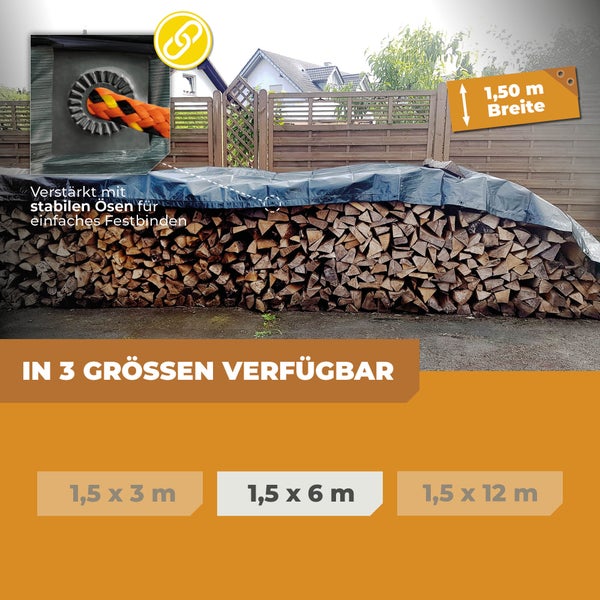 Brennholz mit Abdeckplane abgedeckt, verstärkte Ösen zur Befestigung, verfügbare Größen: 1,5 mal 3 Meter, 1,5 mal 6 Meter und 1,5 mal 12 Meter.