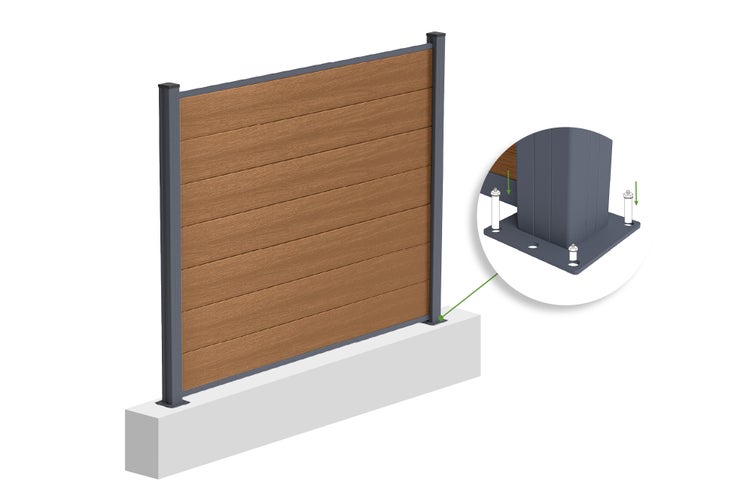 Sichtschutzzaun aus Holz-Kunststoff-Verbundwerkstoff mit braunen Lamellen und grauen Pfosten, Montage auf Betonsockel mit Bodenplatte und Schrauben.