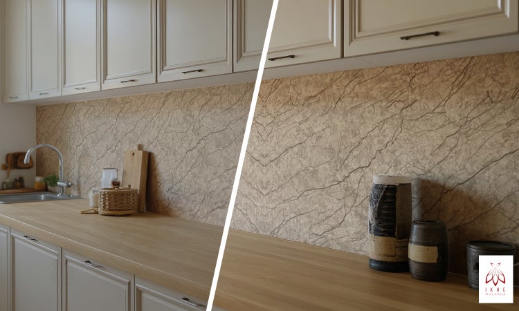 Küchenansicht mit Arbeitsplatte und Spritzschutz in Marmoroptik