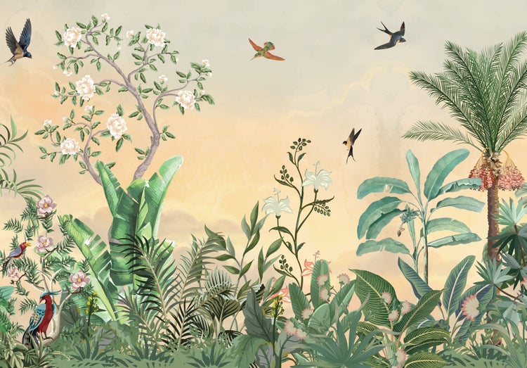 Illustration einer tropischen Landschaft mit Pflanzen und Vögeln