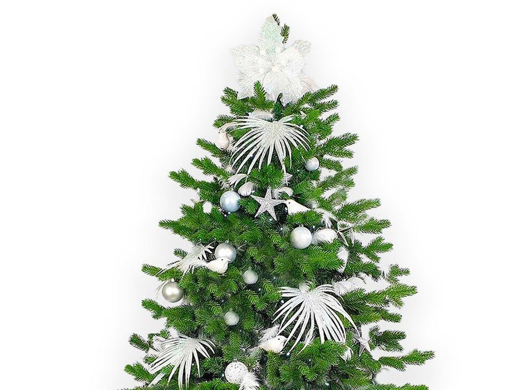 Weihnachtsbaum geschmückt mit Kugeln Sternen und künstlichen Vögeln sowie einer großen Sternspitze als Weihnachtsdekoration