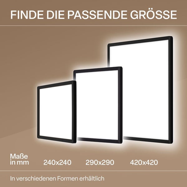 Quadratische LED Panels in den Größen 240 mal 240 Millimeter, 290 mal 290 Millimeter und 420 mal 420 Millimeter mit schwarzem Rahmen.