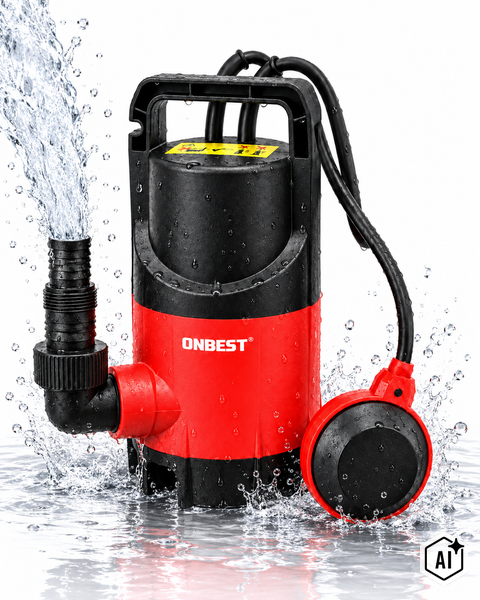 Eine Onbest Tauchpumpe mit Schwimmerschalter im Einsatz beim Pumpen von Wasser mit spritzendem Wasserstrahl.