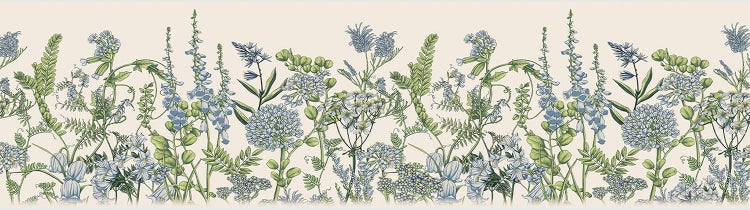 Tapetenbordüre mit botanischem Muster aus blauen Wildblumen und grünen Blättern.