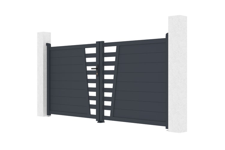 Zweiflügeliges Einfahrtstor aus Aluminium in Anthrazit mit horizontalen Lamellen und dekorativem Mittelteil zwischen zwei Pfosten.