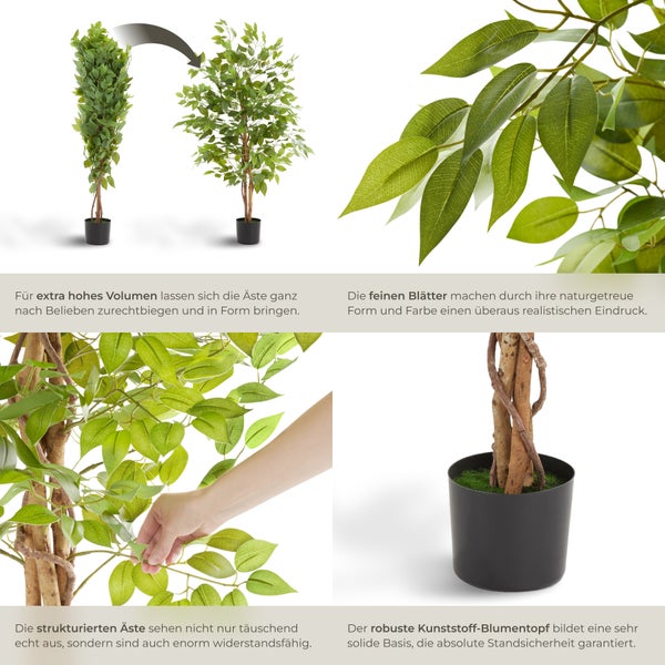 Künstlicher Ficusbaum tectake Fida stabiler Kunststoff-Blumentopf verschiedene Größen grün