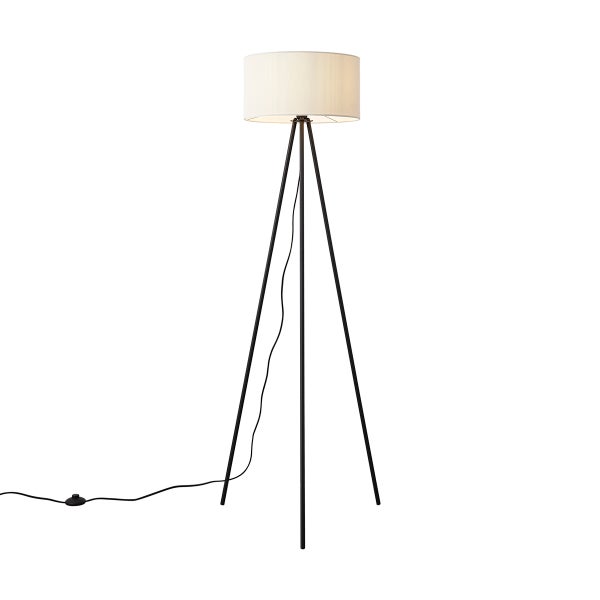 Stehleuchte mit schwarzem Dreibein-Metallgestell und cremefarbenem Textilschirm in Zylinderform. Inklusive Kabel und Fußschalter.