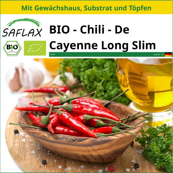 SAFLAX Anzucht Set - BIO - Chili - De Cayenne Long Slim - Capsicum annuum - 10 Samen - Mit Mini-Gewächshaus, Anzuchtsubstrat und 2 Töpfen