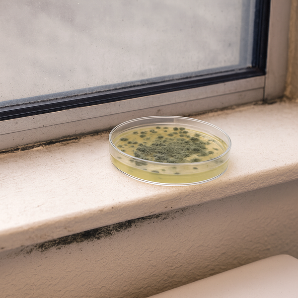 Petrischale mit Schimmelpilzkultur auf einer Fensterbank