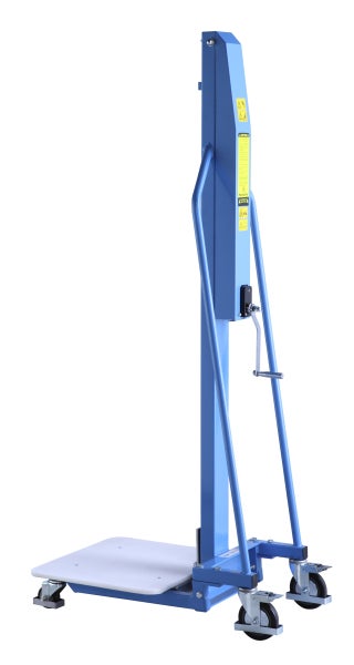 Blauer Materiallift mit Handkurbel und Rollen