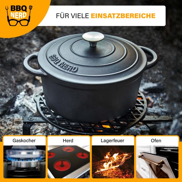 BBQ-Nerd Bräter (rund) mit Deckel 4 L aus Gusseisen mit Emaille-Beschichtung | Bratentopf Kochtopf Gusseisentopf - ideal zum langsamen Garen | Energieeffiziente, wärmespeichernde Cocotte
