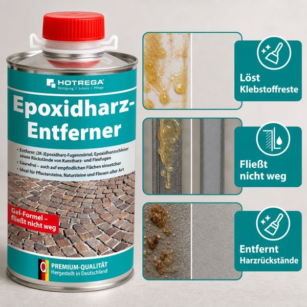 Hotrega Epoxidharz-Entferner Dose mit Anwendungsbeispielen für Pflastersteine und Fliesen zur Beseitigung von Epoxidharz-Rückständen.