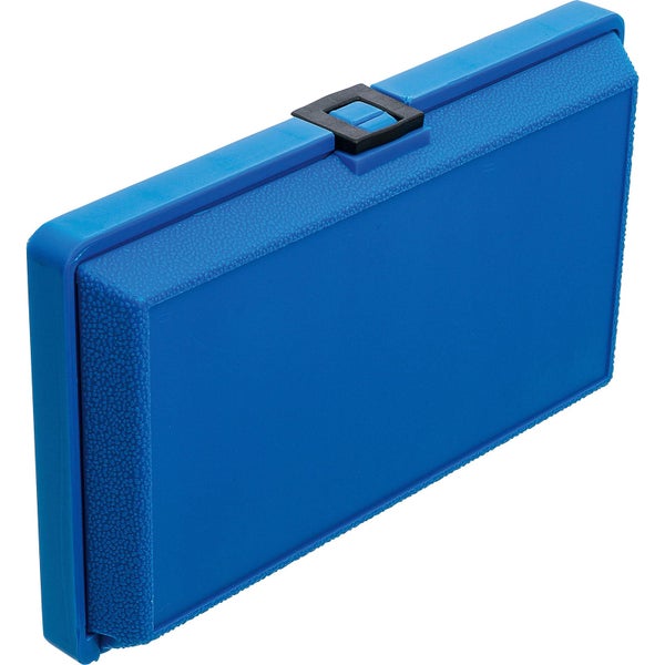 Blaue Werkzeugkiste aus Kunststoff mit schwarzem Klickverschluss.