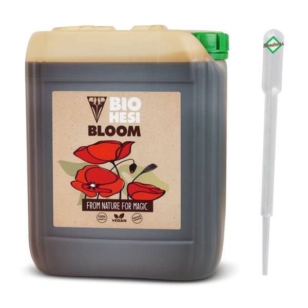 Bio Hesi Bloom organischer Pflanzendünger im Kanister mit Pipette, Weedness Logo, vegan.