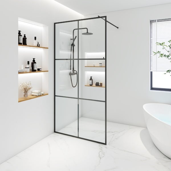Home Deluxe - Duschabtrennung - BAKI - Breite: 130 cm, Schwarzer Rahmen, Klarglas, 6 Raster Optik - 10 mm ESG - Sicherheitsglas I Walk in Dusche, Duschwand, Duschtür