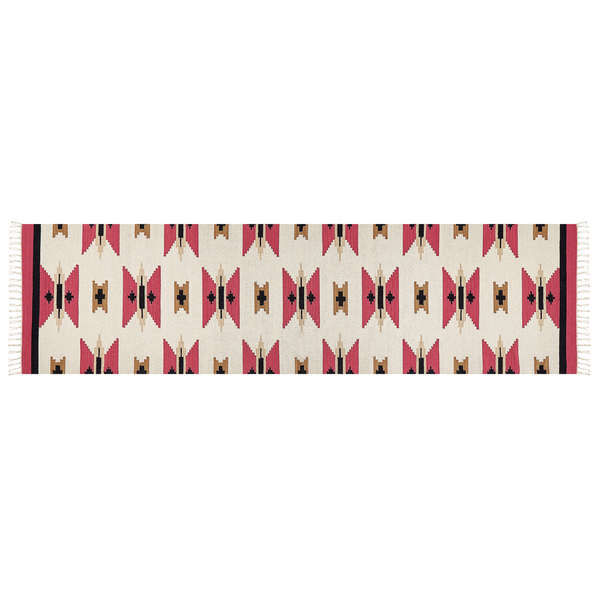 Kilim-Läufer mit geometrischem Muster in Pink, Schwarz und Beige mit Fransen.