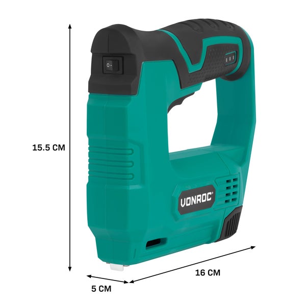 Vonroc Elektro-Tacker mit den Maßen 15,5 cm Höhe, 16 cm Breite und 5 cm Tiefe.