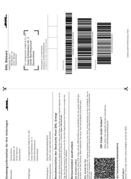 DHL Retourenlabel mit Absender- und Empfängerdaten, Barcodes, Sendungsnummer und Anleitung zur Retourenabwicklung.