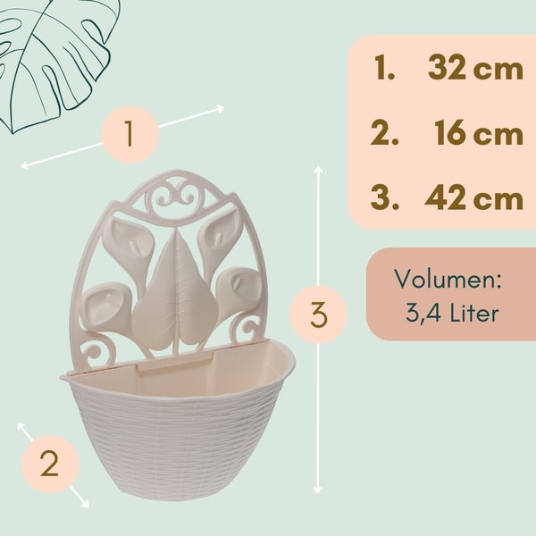 Wandblumentopf mit den Maßen 32 cm Breite, 16 cm Tiefe und 42 cm Höhe, Volumen 3,4 Liter