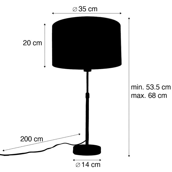 Skizze einer Tischleuchte mit den Maßangaben Durchmesser 35 cm, Höhe minimal 53,5 cm bis maximal 68 cm