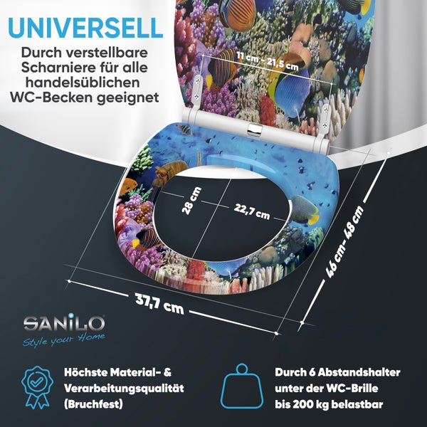 Sanilo WC-Sitz mit Fisch-Motiv, verstellbare Scharniere, Maße circa 46 bis 48 mal 38 Zentimeter, belastbar bis 200 Kilogramm. Sanilo Logo.
