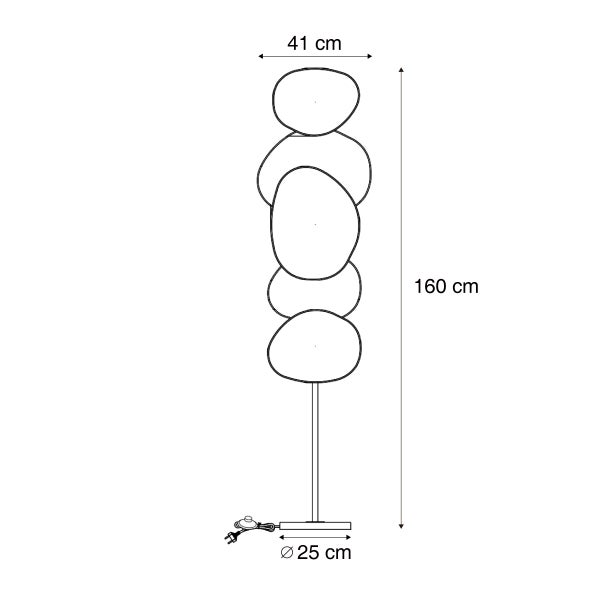 Technische Zeichnung einer Stehleuchte mit organischen Formen. Höhe 160 Zentimeter, Breite 41 Zentimeter, Standfuß Durchmesser 25 Zentimeter.