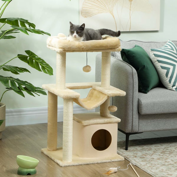 PawHut Katzenbaum 90 cm Kratzbaum mit Hängematte Spielbaum Katzenhöhle Plattformen Kletterbaum Katzenkratzbaum Aktivitätskratzbäum Plüsch Sisal Creme