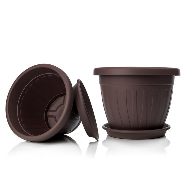 BigDean 3x Blumentopf mit Untersetzer rund ø50xH38 cm braun - wetterfester Pflanzkübel - Wasserablauf UV-beständig aus bruchsicherem Kunststoff - Innen + Außen geeignet - Made in Europe