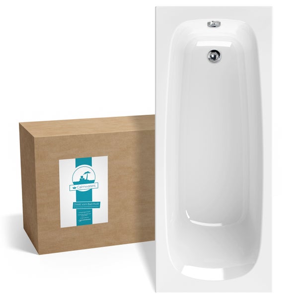 Weiße rechteckige Badewanne mit Ab- und Überlauf neben einem Versandkarton.