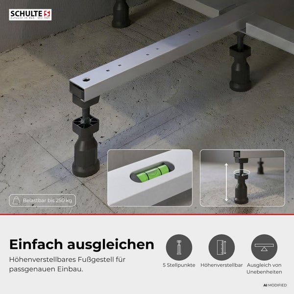 Schulte Logo, höhenverstellbares Duschwannenfußgestell mit 5 Stellpunkten, belastbar bis 250 Kilogramm zum Ausgleich von Bodenunebenheiten.