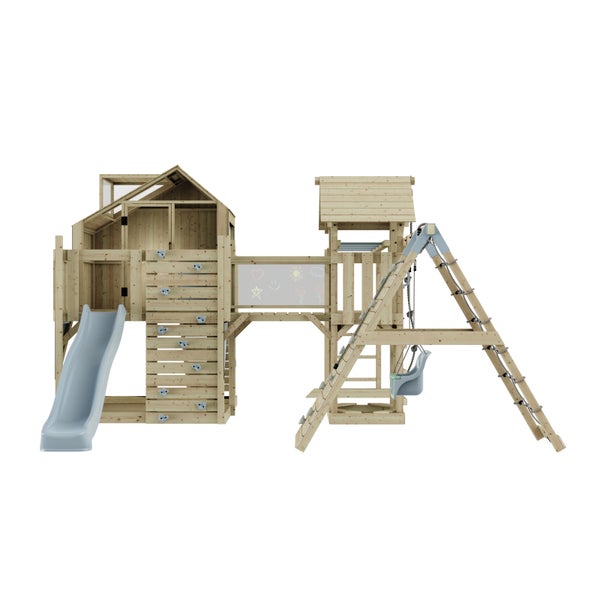 Spielplatz mit Spielhaus, Rutsche, Kletterwand, Schaukel und Maltafel