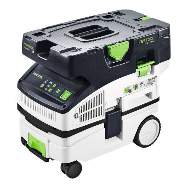 Festool Akku-Absaugmobil CTLC MINI I mit Rollen und Systainer-Depot für die mobile Staubabsaugung.