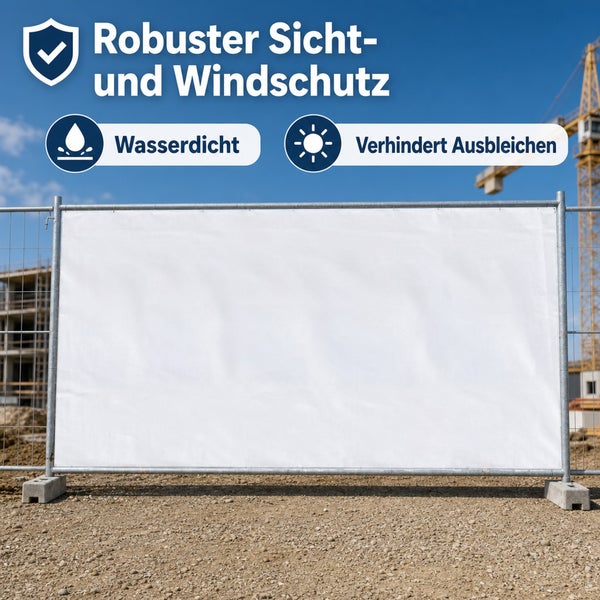 Robuster Sicht- und Windschutz für Bauzaun mit wasserdichter und ausbleichsicherer Materialeigenschaft auf einer Baustelle