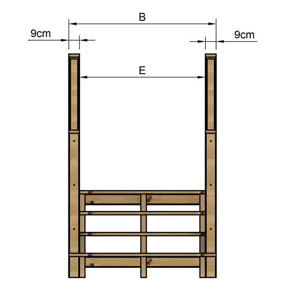 Technische Zeichnung eines Holzregals mit Maßangaben