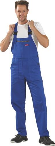 Blaue Latzhose für Herren aus Baumwolle mit Brusttasche und verstellbaren Trägern.
