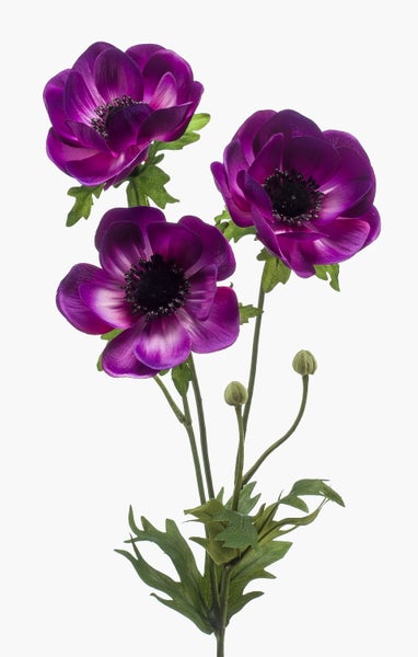 Künstliche Anemone violett mit grünen Blättern und Knospen.
