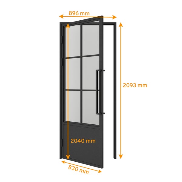 Loft Glastür 830x2040mm Klarglas Komplettset mit Beschlag DIN Links 6 Felder Kickplatte - Griffstange und Zarge