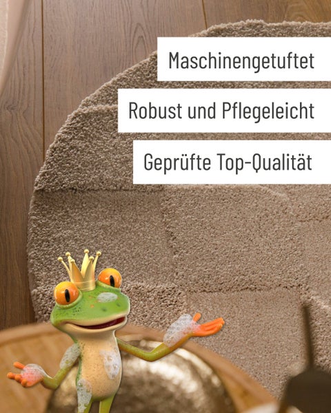 Teppich Detailansicht, maschinengetuftet, robust und pflegeleicht, geprüfte Qualität, mit Frosch Maskottchen auf Holzboden.