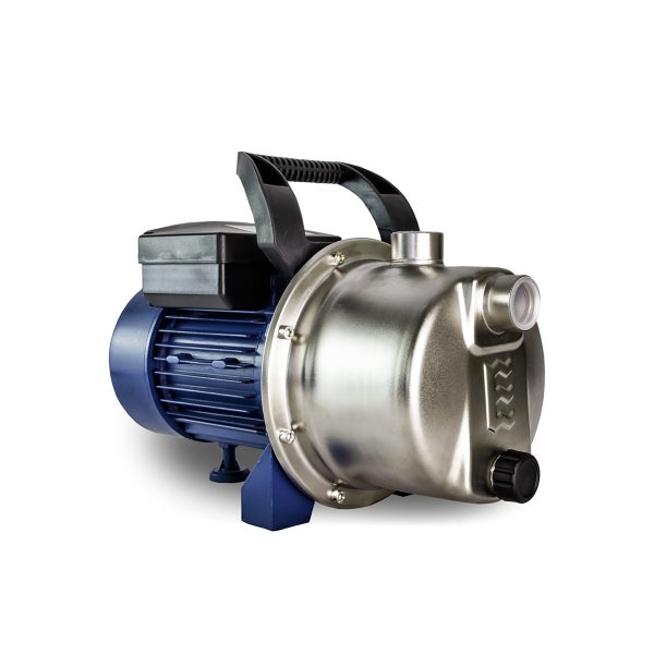 Gartenpumpe mit Edelstahlgehäuse, blauem Motor und schwarzem Tragegriff.