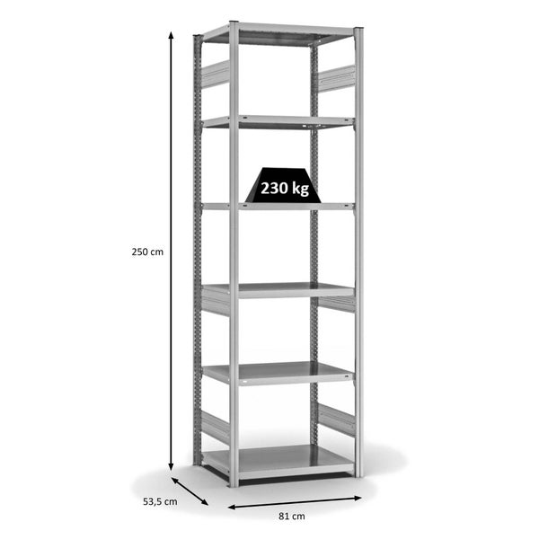 PROREGAL Fachbodenregal Stecksystem T-Profil Medium-Duty Grundregal HxBxT 250 x 75 x 50 cm 6 Ebenen Fachlast 230 kg Beidseitig Nutzbar Verzinkt